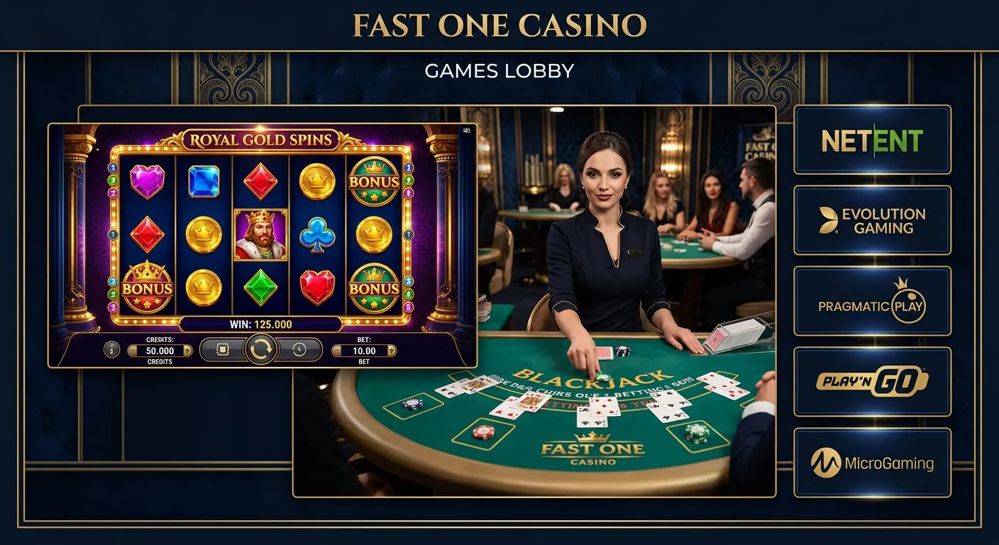 Ekran z grami kasynowymi w Fast One Casino pokazujący sloty