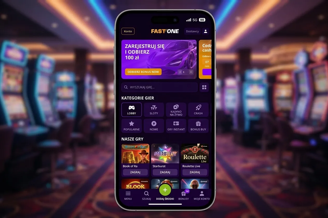 Ekran telefonu z otwartą mobilną wersją strony Fast One Casino